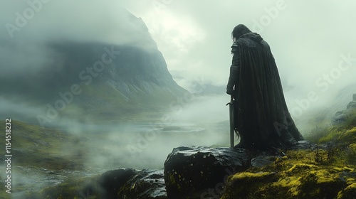 Celtic warrior from the 3rd century BC in leather armor with a large sword in a misty Irish landscape photo