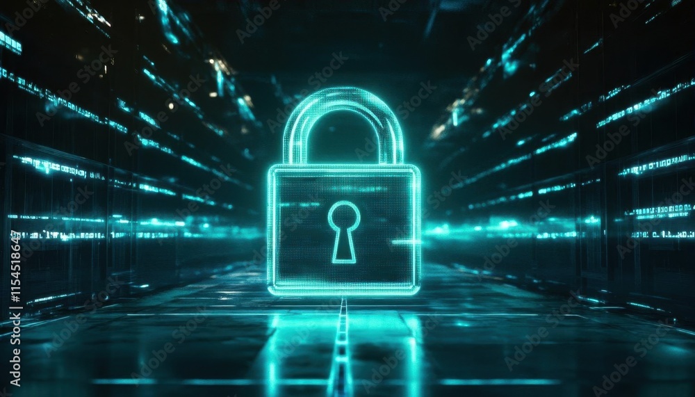 Digital padlock symbolizing cybersecurity in a futuristic environment. Digital padlock symbolizing cybersecurity in a futuristic environment.