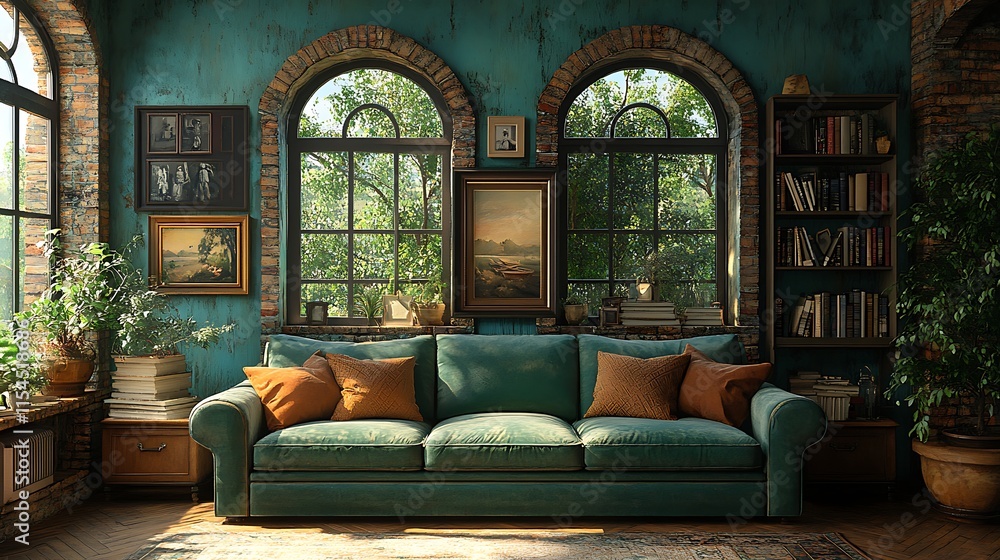 Rustic Living Room with Teal Sofa. Concept of Cozy Vintage Interior Design. Rustic Living Room with Teal Sofa. Concept of Cozy Vintage Interior Design.