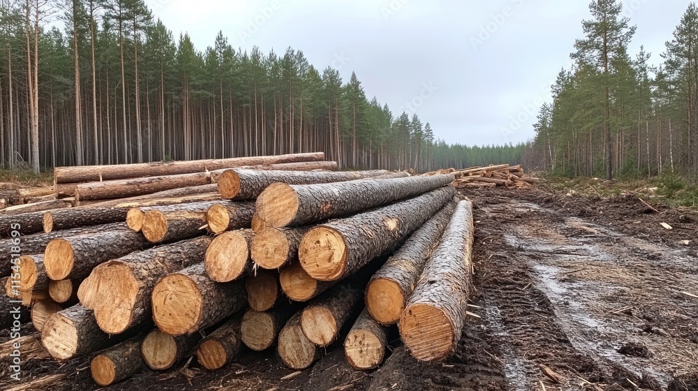 Logs stacked in a forest clearing for processing. Logs stacked in a forest clearing for processing.