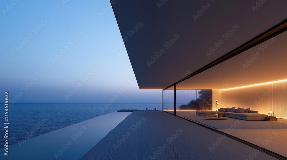 Modern minimalist house with ocean view at dusk. Modern minimalist house with ocean view at dusk.