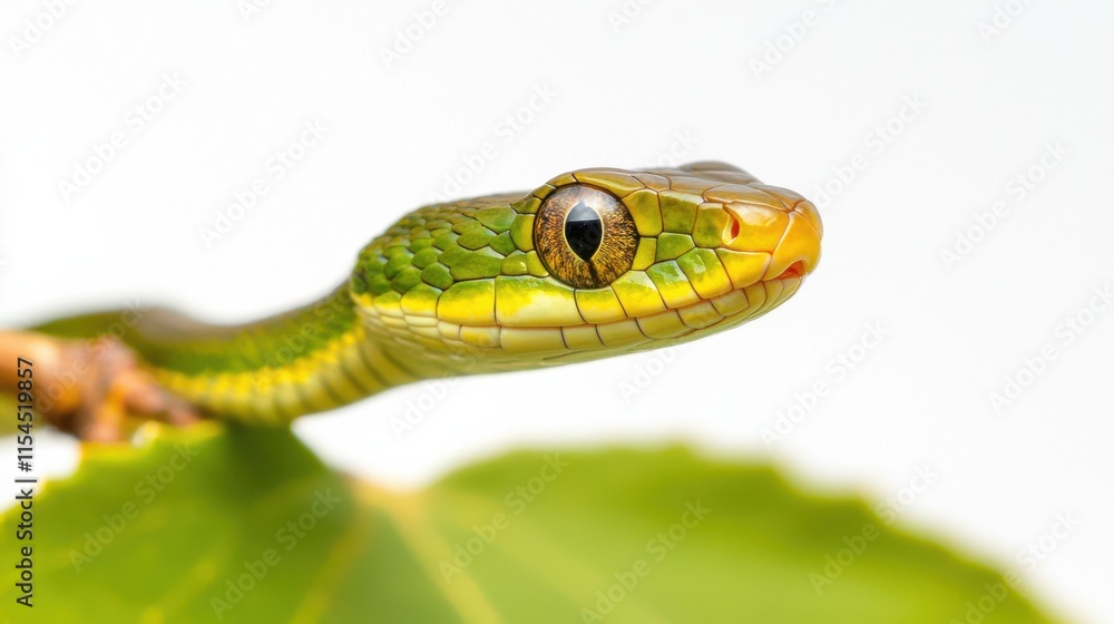 Closeup of Green Venomous Snake Head with Penetrating Eyes in Natural Habitat Closeup of Green Venomous Snake Head with Penetrating Eyes in Natural Habitat