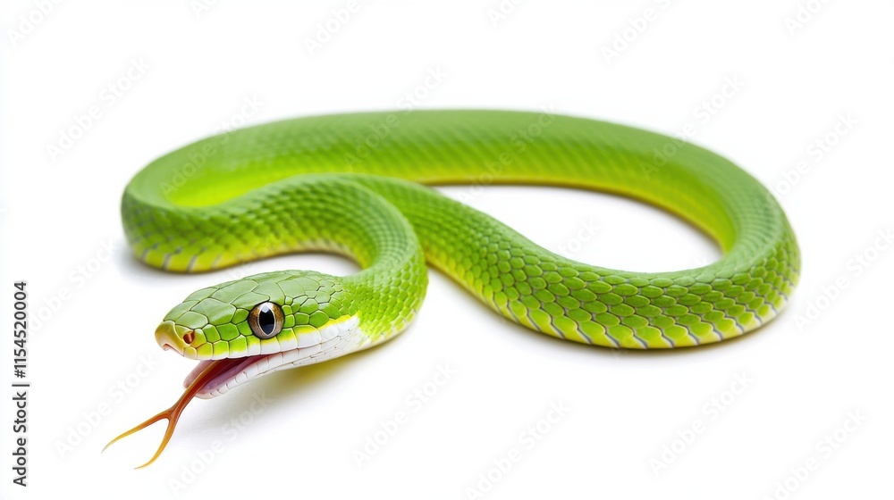 Coiled Green Venomous Snake Lurking in Lush Jungle Habitat Coiled Green Venomous Snake Lurking in Lush Jungle Habitat