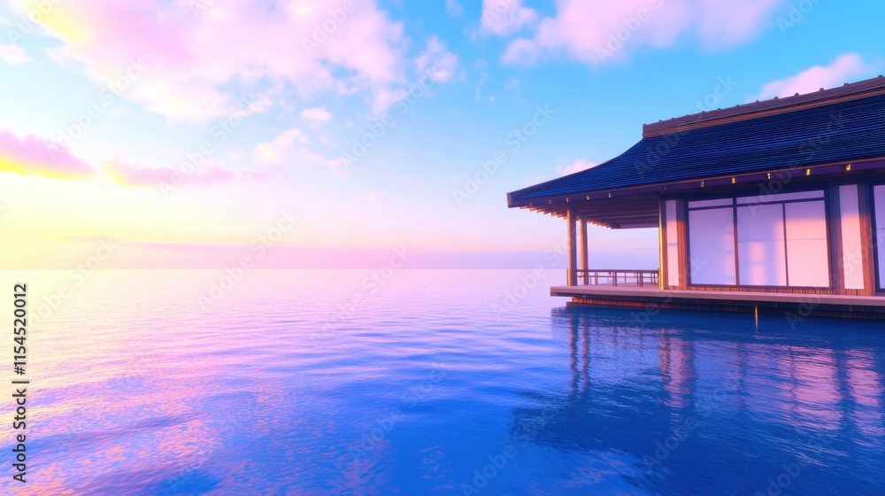 Tranquil Ocean Sunset with Serene Pavilion Over Calm Waters Tranquil Ocean Sunset with Serene Pavilion Over Calm Waters