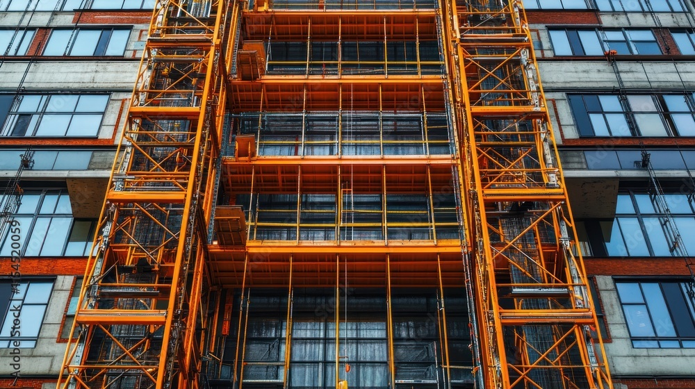 Construction scaffolding on a modern building facade. Construction scaffolding on a modern building facade.
