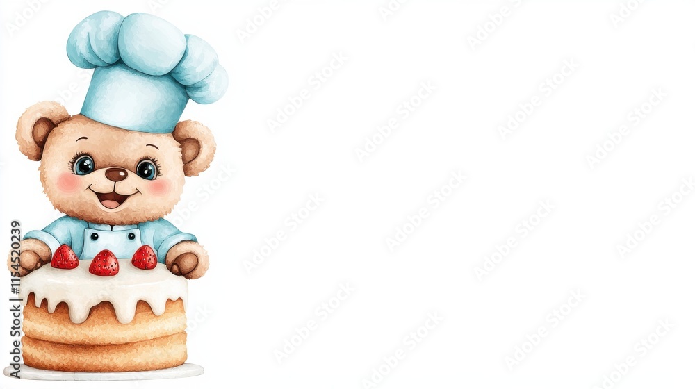 Cute Cartoon Teddy Bear Chef Baking Delicious Cake in the Kitchen Cute Cartoon Teddy Bear Chef Baking Delicious Cake in the Kitchen
