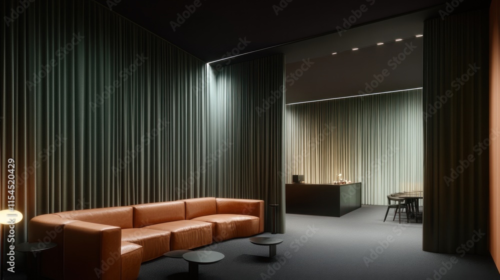 Modern minimalist lounge with curved sofa, dark walls, and subtle lighting. Modern minimalist lounge with curved sofa, dark walls, and subtle lighting.