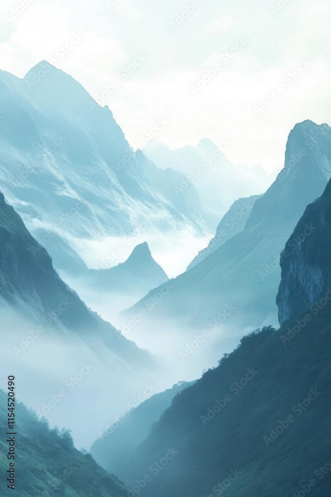 Serene mountain landscape shrouded in mist and soft light. Serene mountain landscape shrouded in mist and soft light.