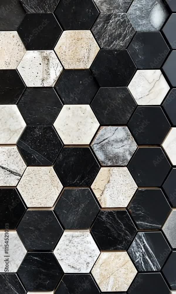 Geometric Pattern of Hexagonal Marble Tiles Featuring Black, White, and Gray Colors in a Contemporary Interior Design Concept Geometric Pattern of Hexagonal Marble Tiles Featuring Black, White, and Gray Colors in a Contemporary Interior Design Concept