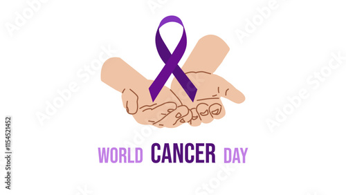 World Cancer Day. February 4th. Raising awareness. Embrace of hope. Purple ribbon symbol fight against cancer banner. Expressing support for patients and their families. Vector illustration.