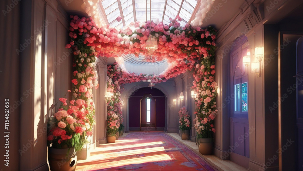 Obraz premium The hallway is pleasantly lit from the ceiling to the magnificent floral carpet.