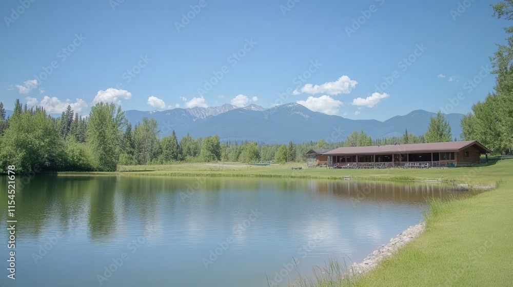 Obraz premium Serene Lake View with Mountains and Greenery Under a Clear Blue Sky