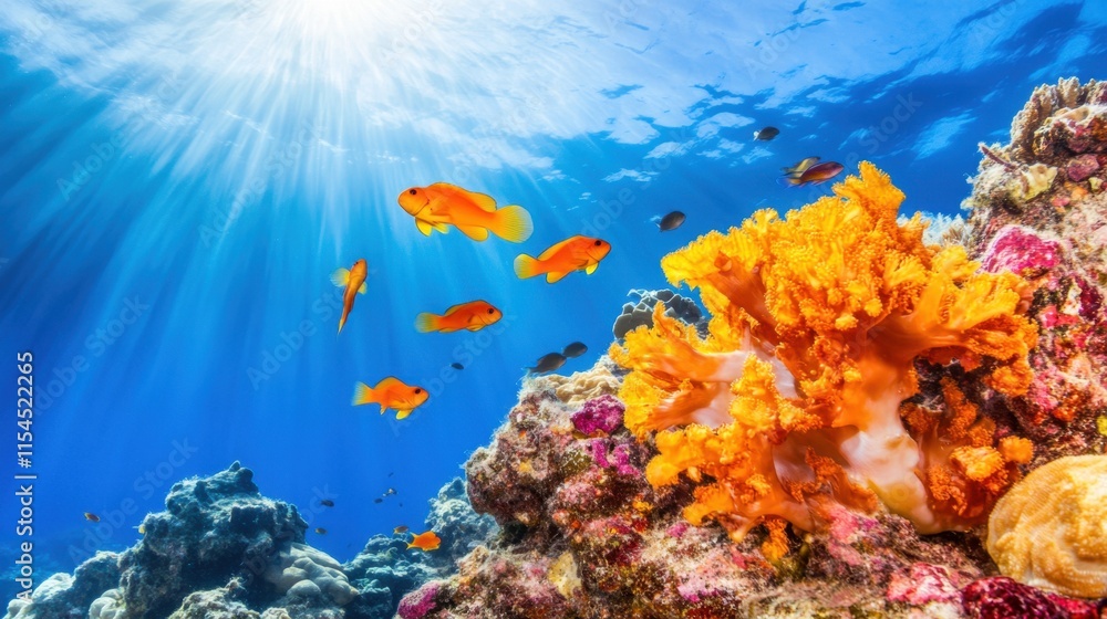 Naklejka premium Vibrant Coral Reef Underwater Scene with Colorful Fish Swimming Gracefully