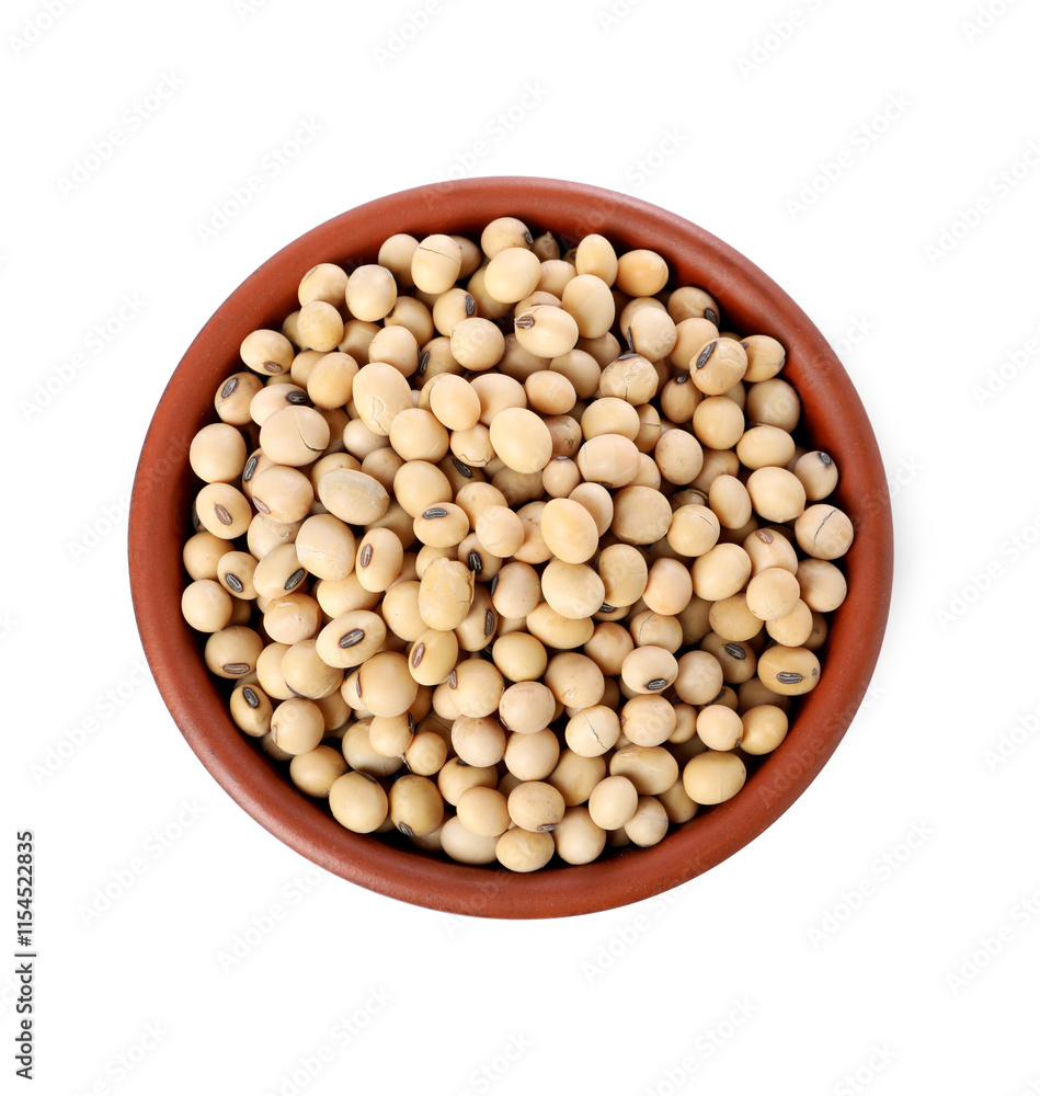 Soy beans in bowl isolated on white, top view Soy beans in bowl isolated on white, top view