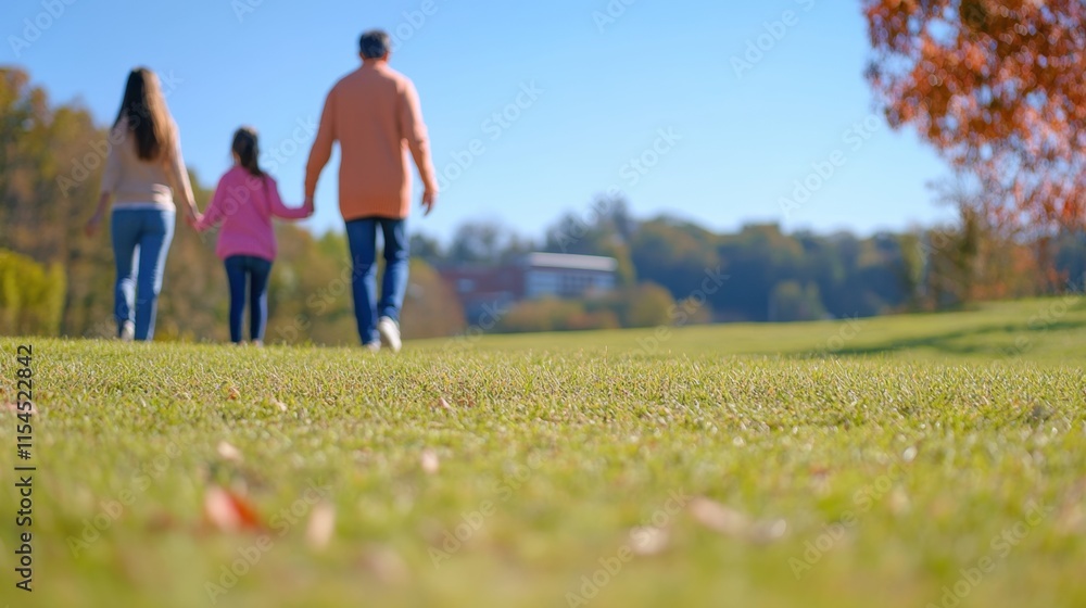 Family Walking Together on Green Grass in Autumn Landscape Outdoors Family Walking Together on Green Grass in Autumn Landscape Outdoors