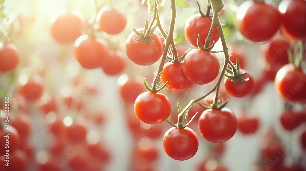 Vibrant Red Cherry Tomatoes Hanging on the Vine in a Greenhouse Vibrant Red Cherry Tomatoes Hanging on the Vine in a Greenhouse