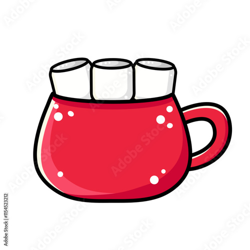 Vector red outline icon of coffee cup, mug with marshmallow isolated on white background