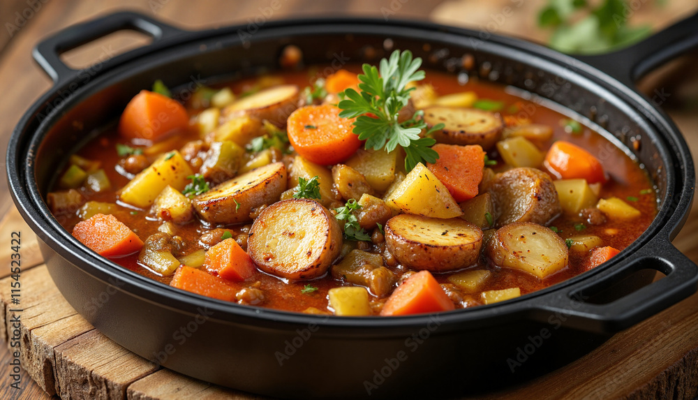Hearty Vegetable Stew in Cast Iron Pot with Warm Tones and Rustic Winter Soups Ambiance Hearty Vegetable Stew in Cast Iron Pot with Warm Tones and Rustic Winter Soups Ambiance