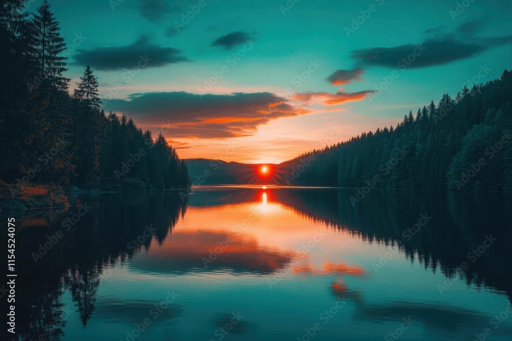Fototapeta premium Serene sunset over a tranquil lake surrounded by dense forests.