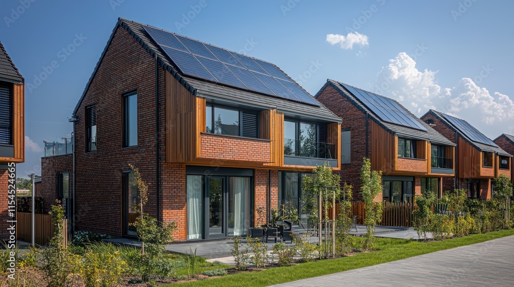 A row of modern energy-efficient terraced houses with solar panels on the roof, standing under a clear, sunny sky. T A row of modern energy-efficient terraced houses with solar panels on the roof, standing under a clear, sunny sky. T