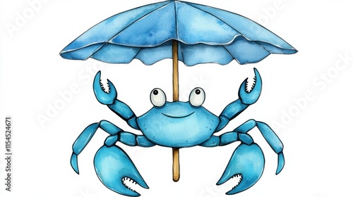 Cute Blue Cartoon Crab Holding a Colorful Umbrella Under the Ocean photo