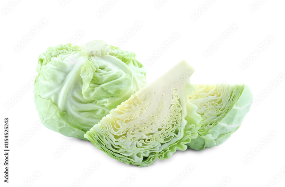 Whole and cut cabbages isolated on white Whole and cut cabbages isolated on white