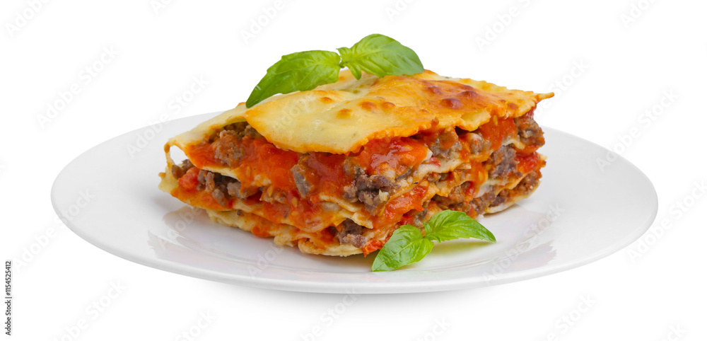 Piece of delicious cooked lasagna with basil isolated on white Piece of delicious cooked lasagna with basil isolated on white