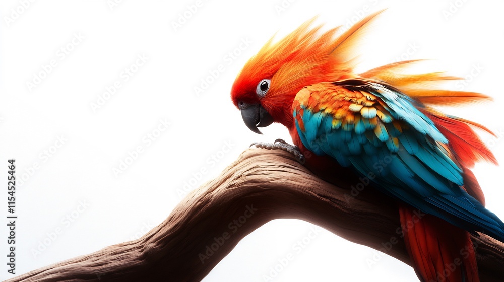 Obraz premium Vibrant Scarlet Macaw Perched on Driftwood Against White Background