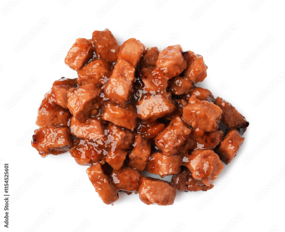 Pieces of wet pet food isolated on white, top view Pieces of wet pet food isolated on white, top view