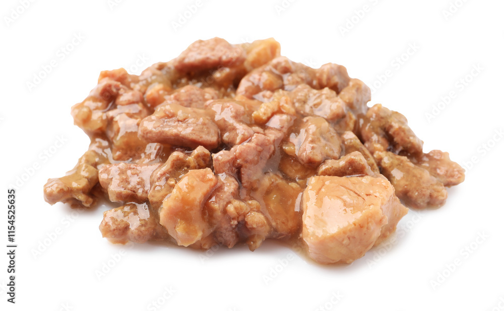 Pieces of wet pet food isolated on white Pieces of wet pet food isolated on white