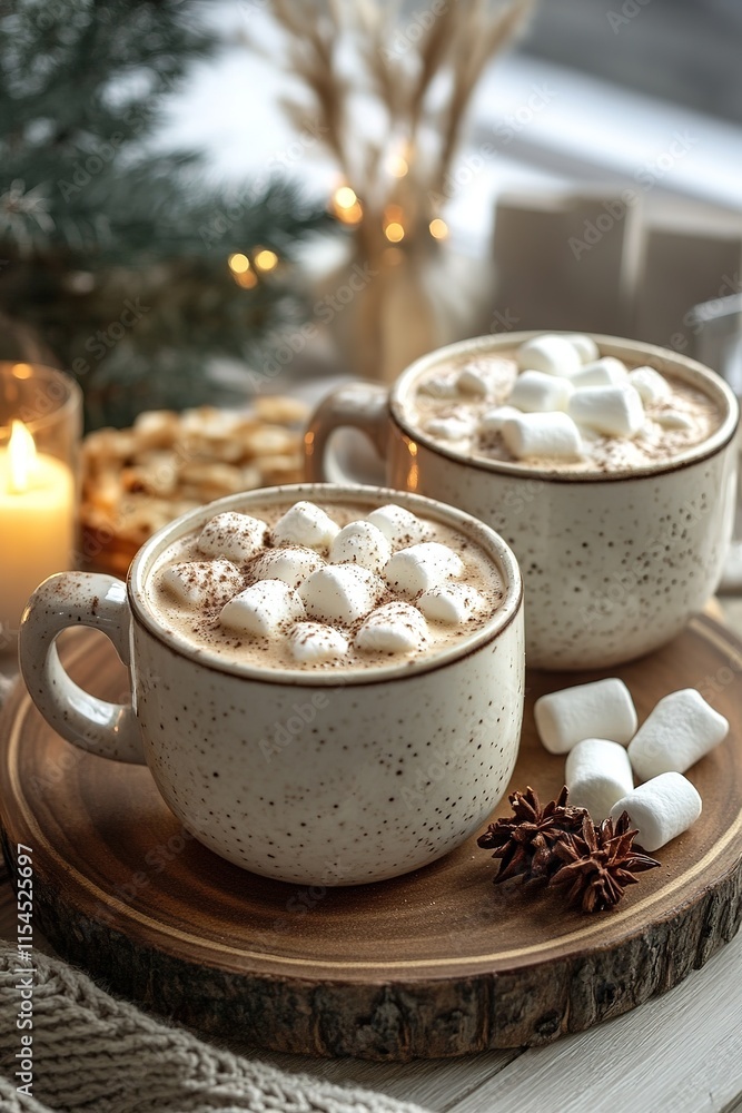 Hot drink with marshmallows and candy cane in mug. Fir cones, spices in the background. Cozy seasonal holidays Hot drink with marshmallows and candy cane in mug. Fir cones, spices in the background. Cozy seasonal holidays