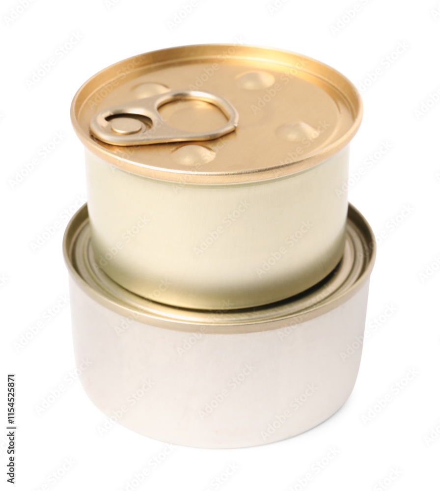 Pet food in tin cans isolated on white