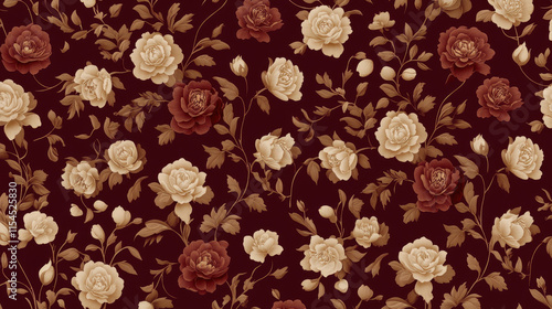 Luxurious floral design featuring roses on deep red background, creating elegant atmosphere