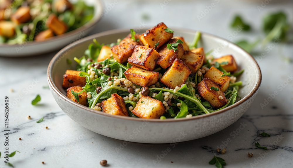 Vegan Buddha Bowl with Tofu on Quinoa and Greens, Rustic Style, Bright Marble Background Vegan Buddha Bowl with Tofu on Quinoa and Greens, Rustic Style, Bright Marble Background