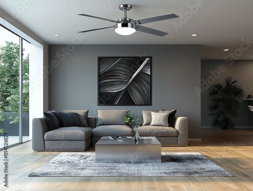 A silver ceiling fan with sleek, modern blades, adding a touch of elegance to a contemporary room.