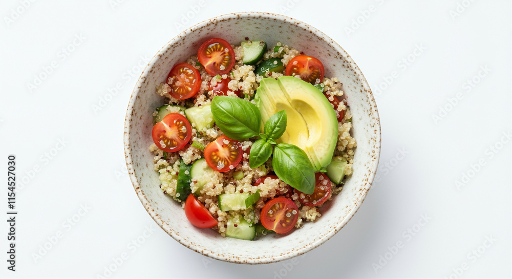 Healthy salad with quinoa bowl topped with avocado and cherry tomatoes Healthy salad with quinoa bowl topped with avocado and cherry tomatoes