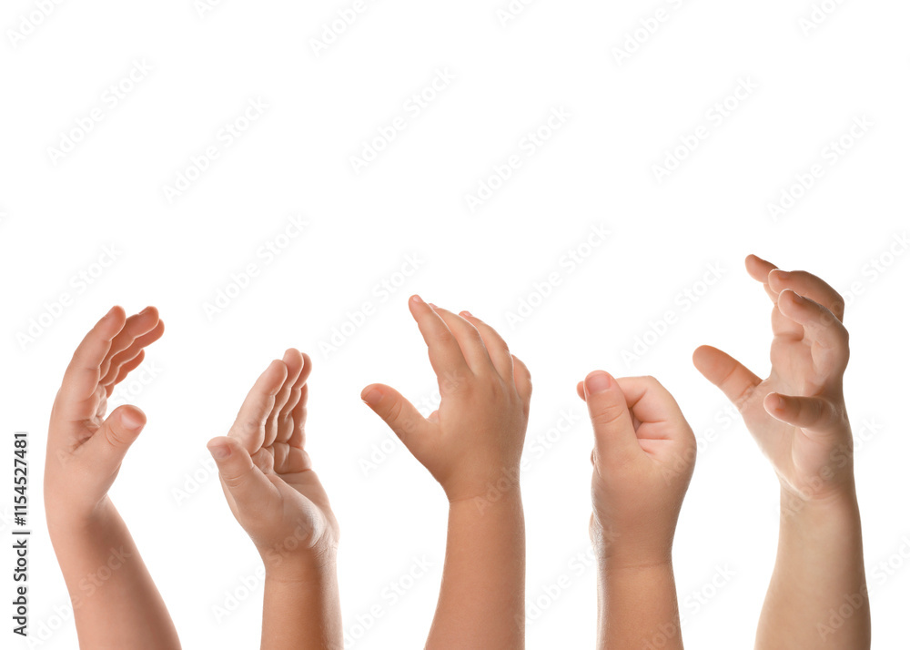 Kids showing hands on white background, closeup Kids showing hands on white background, closeup