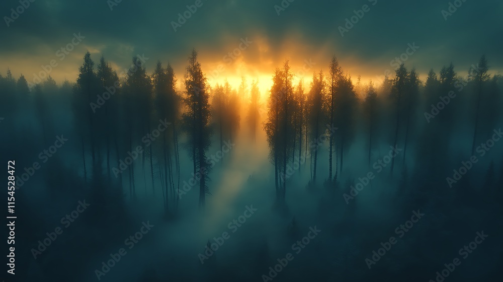 Misty forest sunrise. Misty forest sunrise.