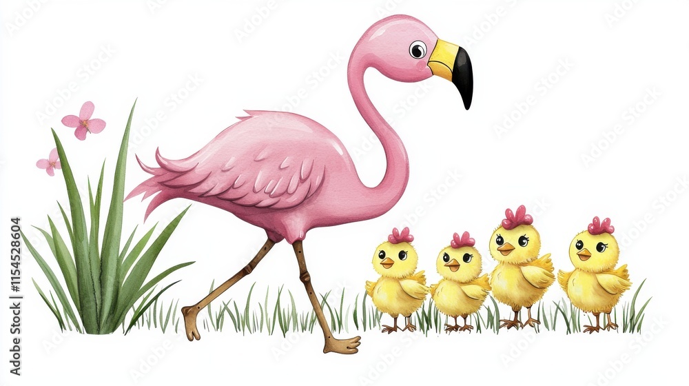 Obraz premium Charming Flamingo Family with Fluffy Chicks in Lush Spring Meadow Landscape