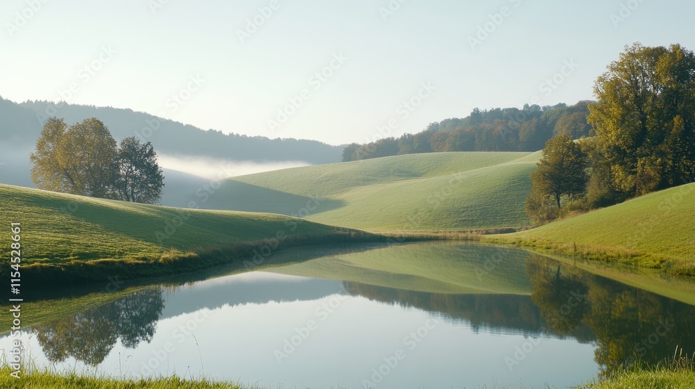 Serene Landscape with Misty Hills and Reflective Water at Sunrise Serene Landscape with Misty Hills and Reflective Water at Sunrise
