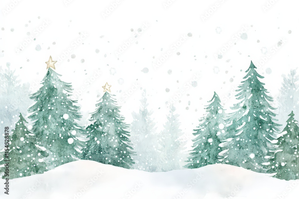 Obraz premium A snowy landscape with three trees and a star