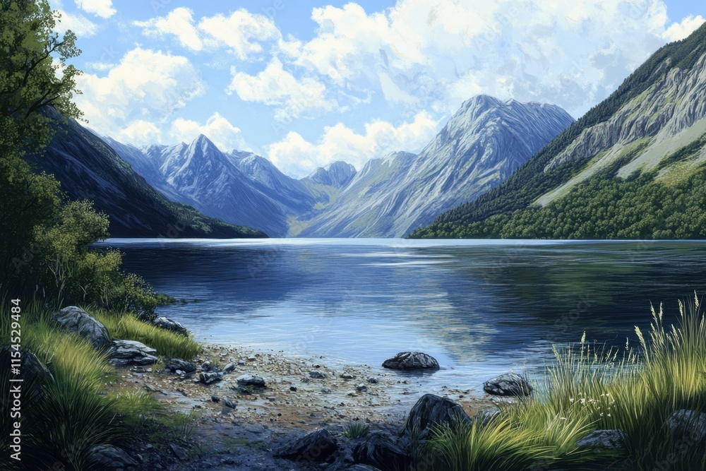 Serene landscape featuring mountains and a tranquil lake under a blue sky. Serene landscape featuring mountains and a tranquil lake under a blue sky.