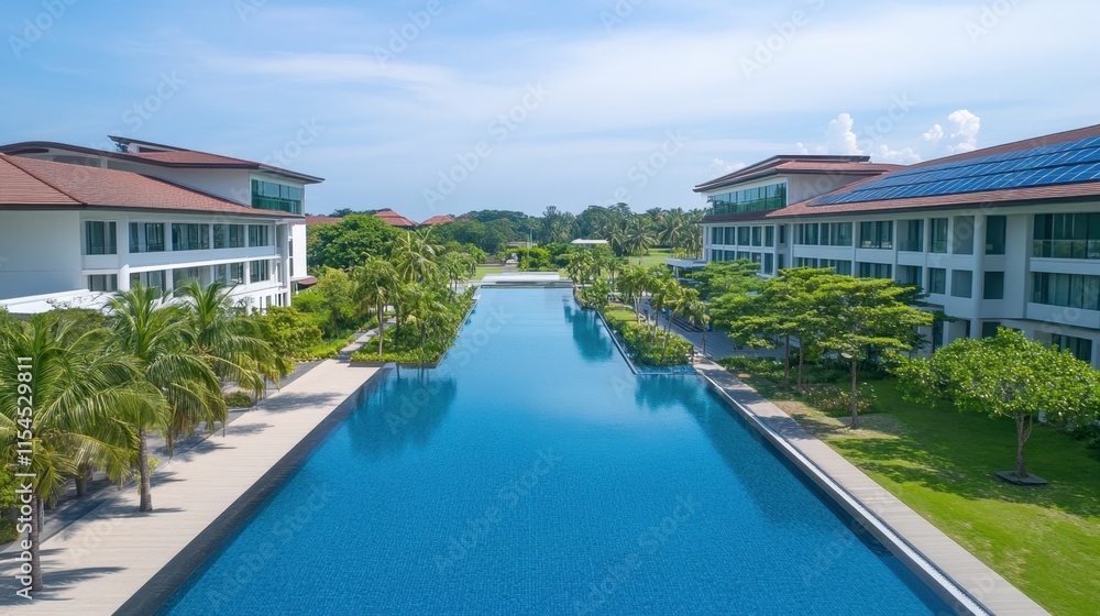 Fototapeta premium Serene Luxury Resort with Tranquil Pool and Lush Green Gardens