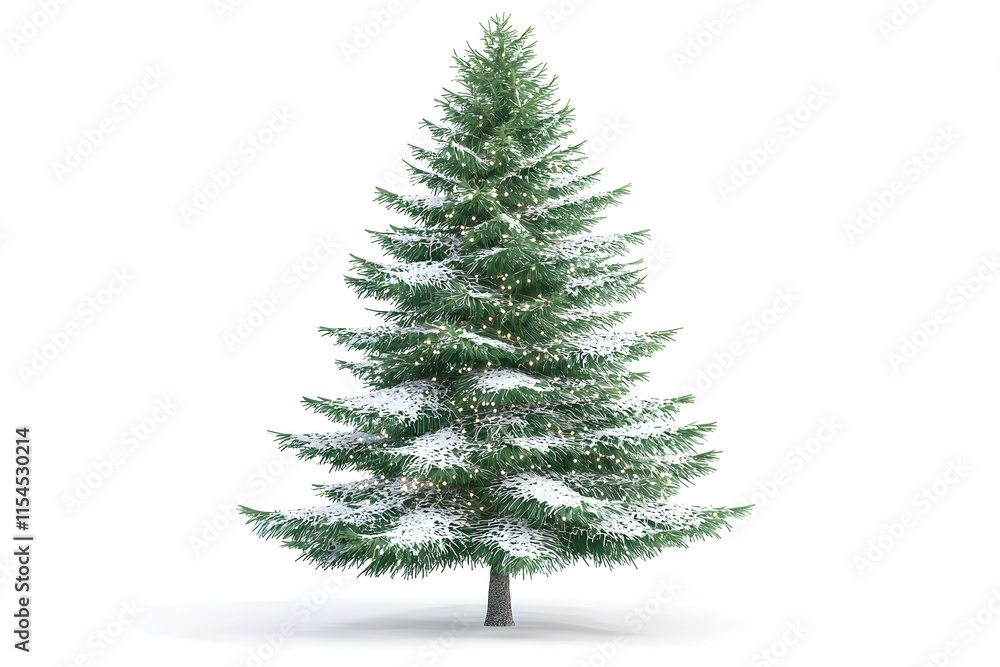 Fototapeta premium Majestic Snow-Covered Christmas Tree with Twinkling Lights on a White Background
