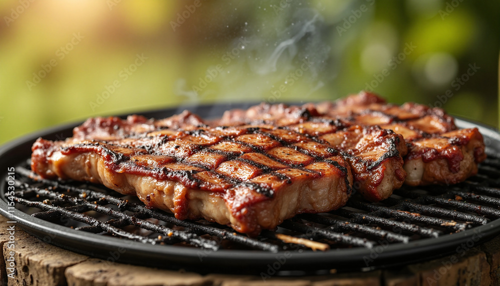 Grilled Flank Steak on Asado Grill with Rustic Outdoor Setting in Morning Light Grilled Flank Steak on Asado Grill with Rustic Outdoor Setting in Morning Light