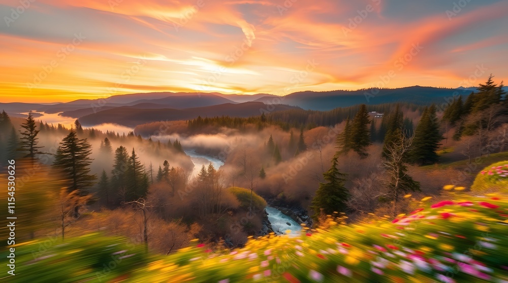 Fototapeta premium Spring Forest Mountain River in Sunset