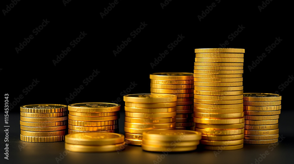 Stacks of Gold Coins on Black Background. Wealth and Finance Concept. Stacks of Gold Coins on Black Background. Wealth and Finance Concept.