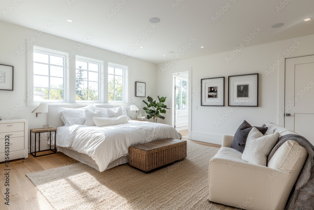 A white bedroom interior with a spacious walk-in closet, designed to be both functional and visually appealing. A white bedroom interior with a spacious walk-in closet, designed to be both functional and visually appealing.