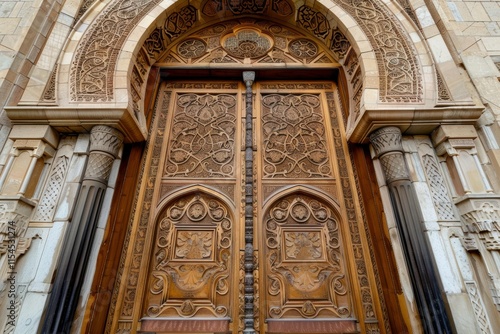 Ornate wooden doors with intricate carvings and architectural details.