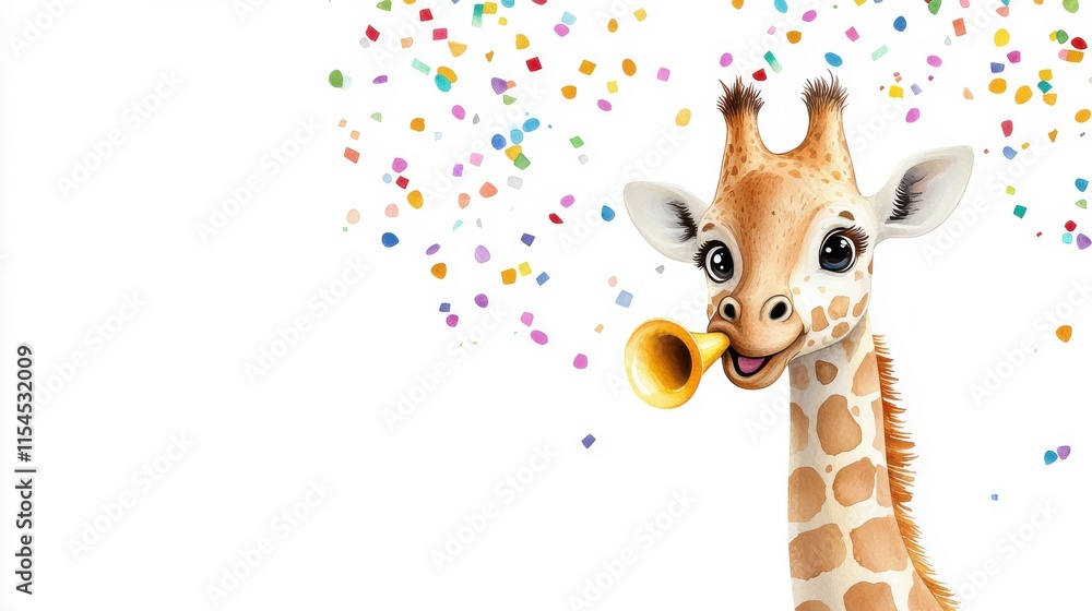 Fototapeta premium Adorable Cartoon Giraffe Plush Toy with Colorful Confetti Background